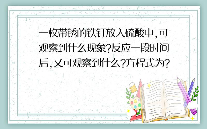 一枚带锈的铁钉放入硫酸中,可观察到什么现象?反应一段时间后,又可观察到什么?方程式为?