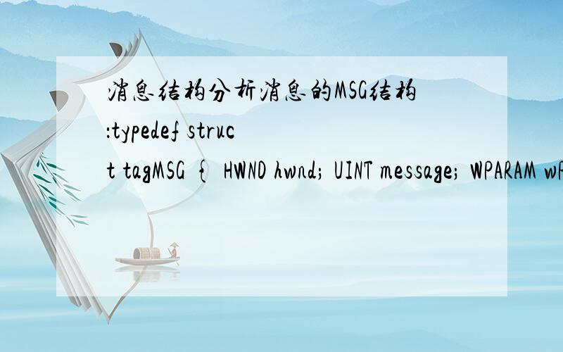 消息结构分析消息的MSG结构：typedef struct tagMSG { HWND hwnd; UINT message; WPARAM wParam;LPARAM lParam; DWORD time; POINT pt; } MSG; 中的2个消息参数,各有什么意义和作用,能具体说下这个吗,比如在一个用户定义