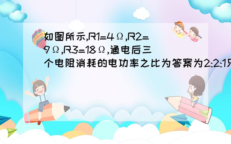 如图所示,R1=4Ω,R2=9Ω,R3=18Ω,通电后三个电阻消耗的电功率之比为答案为2:2:1只是想问一下,两个电阻串联时R1的电流为什么不是I x（9/27）而是IX（18/27）R和U不是呈正比的吗