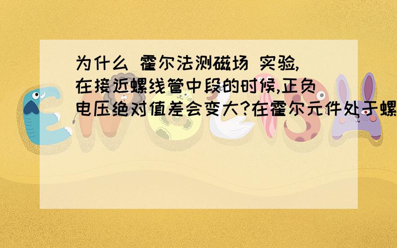 为什么 霍尔法测磁场 实验,在接近螺线管中段的时候,正负电压绝对值差会变大?在霍尔元件处于螺线管两端的时候,UH+、-的绝对值差很小,但是到了中断,UH接近最大值的时候,正负U的绝对值相差