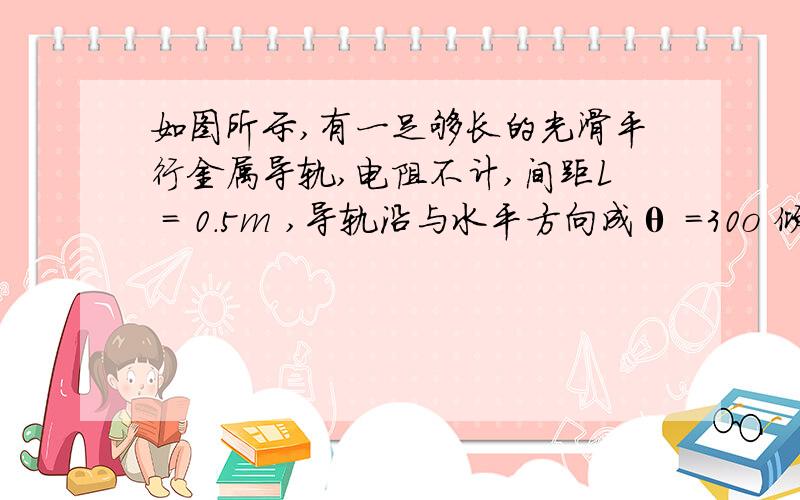 如图所示,有一足够长的光滑平行金属导轨,电阻不计,间距L = 0.5m ,导轨沿与水平方向成θ =30o 倾斜放置,底部连接有一个阻值为 R =3Ω的电阻.现将一个长也为L =0.5m、 质量为m = 0.2kg、电阻r = 2Ω的