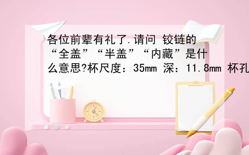 各位前辈有礼了.请问 铰链的“全盖”“半盖”“内藏”是什么意思?杯尺度：35mm 深：11.8mm 杯孔距：48mm、52mm