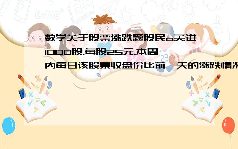 数学关于股票涨跌题股民a买进1000股.每股25元.本周内每日该股票收盘价比前一天的涨跌情况{单位：元}星期1涨4 星期2涨4.5 星期3跌1.5 星期4跌2.5 星期5跌6 问星期4收盘时每股多少元?买进时需付