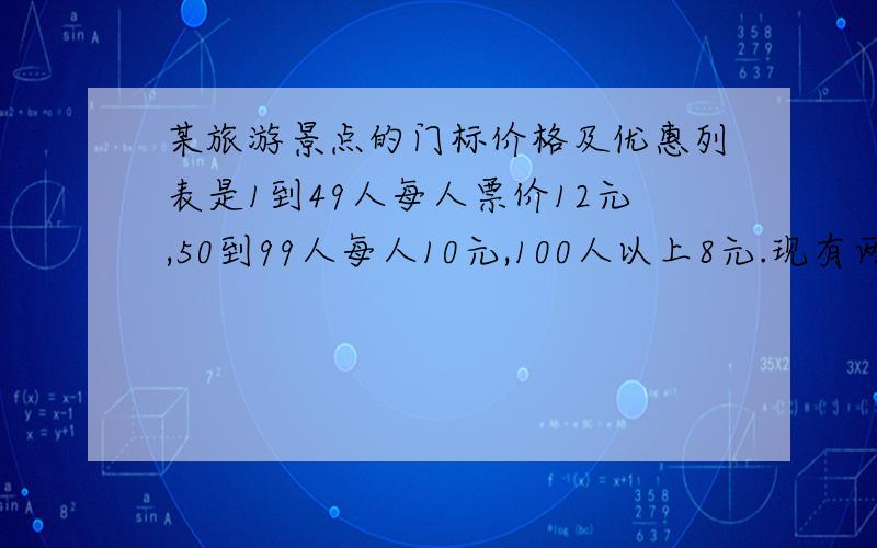 某旅游景点的门标价格及优惠列表是1到49人每人票价12元,50到99人每人10元,100人以上8元.现有两个旅游团...某旅游景点的门标价格及优惠列表是1到49人每人票价12元,50到99人每人10元,100人以上8