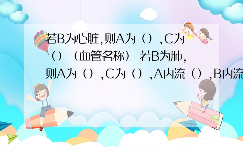 若B为心脏,则A为（）,C为（）（血管名称） 若B为肺,则A为（）,C为（）,A内流（）,B内流（）若B为全身毛细血管,则C内流的是（）