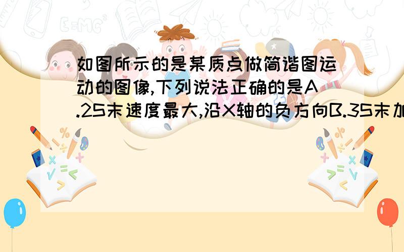 如图所示的是某质点做简谐图运动的图像,下列说法正确的是A.2S末速度最大,沿X轴的负方向B.3S末加速度最大,沿X轴的负方向C.质点在4S内的路程是零D.质点是从平衡位置开始沿X轴正方向运动的E.