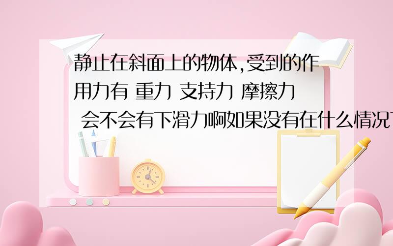 静止在斜面上的物体,受到的作用力有 重力 支持力 摩擦力 会不会有下滑力啊如果没有在什么情况下才有下滑力啊 向上运动 还是向下运动