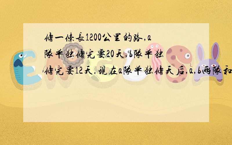 修一条长1200公里的路,a队单独修完要20天,b队单独修完要12天.现在a队单独修天后,a,b两队和修还需多少天才能完成修一条长1200公里的路，a队单独修完要20天，b队单独修完要12天。现在a队单独