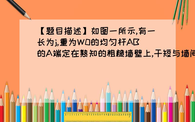 【题目描述】如图一所示,有一长为j,重为W0的均匀杆AB的A端定在熟知的粗糙墙壁上,干短与墙间的摩擦因数为μ;B端用一强度足够而不可伸长的绳悬挂,绳子的另一端固定在墙壁上的C点,木杆呈水