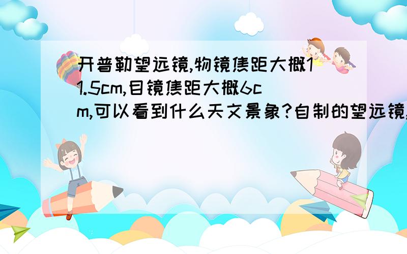 开普勒望远镜,物镜焦距大概11.5cm,目镜焦距大概6cm,可以看到什么天文景象?自制的望远镜,拿两个凸透镜做的,物镜焦距大概11.5cm,目镜焦距大概6cm,可以看到什么天文景象?不知道把目镜换成那种