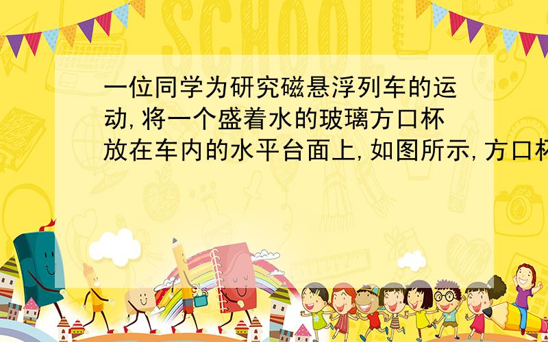 一位同学为研究磁悬浮列车的运动,将一个盛着水的玻璃方口杯放在车内的水平台面上,如图所示,方口杯内水面AB边长8 cm,列车在做直线运动中的某一时刻,他发现电子信息屏上显示的车速为72 km