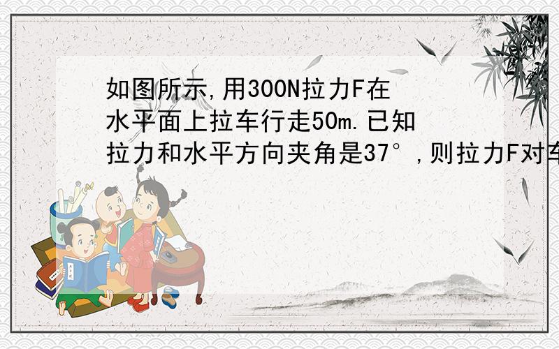 如图所示,用300N拉力F在水平面上拉车行走50m.已知拉力和水平方向夹角是37°,则拉力F对车做功是_____J.若车受到的阻力是200N,则车克服阻力做功是______J.