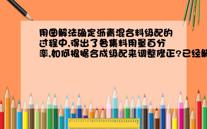 用图解法确定沥青混合料级配的过程中,得出了各集料用量百分率,如何根据合成级配来调整修正?已经解得各集料用量百分率,也得出合成级配,如何调整修正?依据是什么,方法是什么?