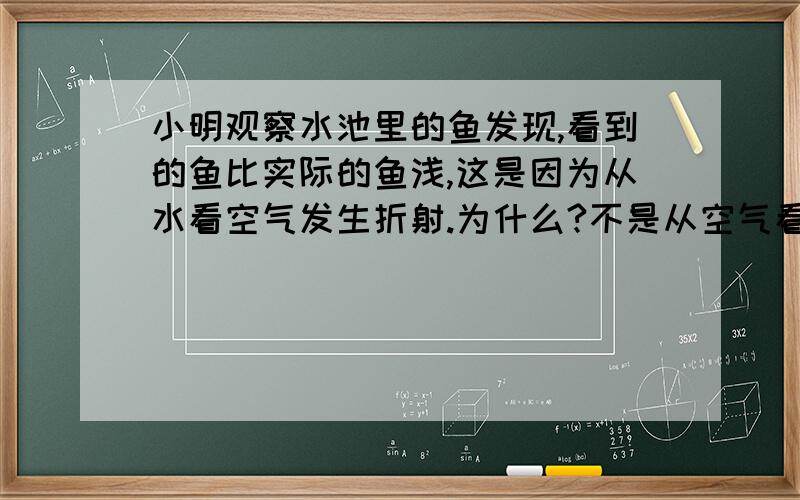 小明观察水池里的鱼发现,看到的鱼比实际的鱼浅,这是因为从水看空气发生折射.为什么?不是从空气看水多发生的折射吗?