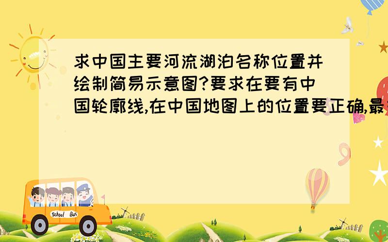 求中国主要河流湖泊名称位置并绘制简易示意图?要求在要有中国轮廓线,在中国地图上的位置要正确,最好是在中国省份行政地图上绘制…………谢谢