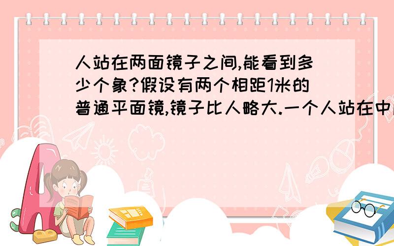 人站在两面镜子之间,能看到多少个象?假设有两个相距1米的普通平面镜,镜子比人略大.一个人站在中间.那么朝一面镜子看,人能看到多少个自己的象?猜想：理论上是无数个,可是光会在每次反