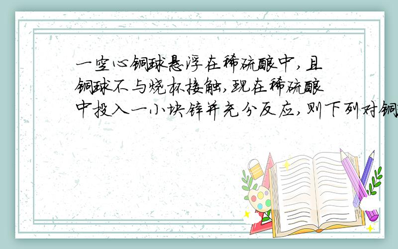 一空心铜球悬浮在稀硫酸中,且铜球不与烧杯接触,现在稀硫酸中投入一小块锌并充分反应,则下列对铜球静止后的有关判断正确的是A.浮力变大 B.浮力变小C.下沉 D.漂浮说明理由