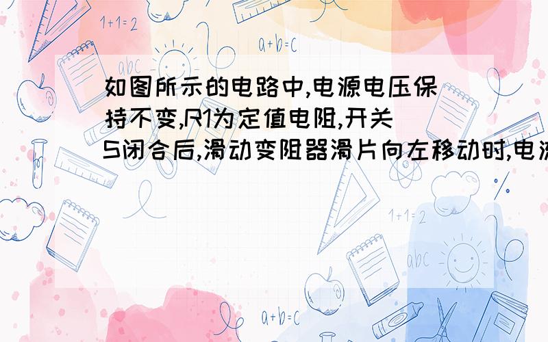 如图所示的电路中,电源电压保持不变,R1为定值电阻,开关S闭合后,滑动变阻器滑片向左移动时,电流表的示数（）,电压表示数与电流表示数之比（）.两空均填变大,变小,不变