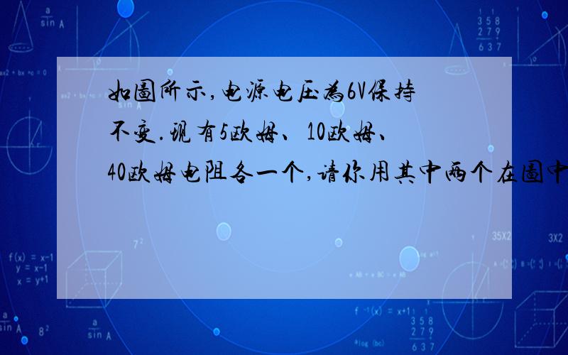 如图所示,电源电压为6V保持不变.现有5欧姆、10欧姆、40欧姆电阻各一个,请你用其中两个在图中虚线框内连成电路,使图中的电流表的示数为0.75A.要求画出电路图,并标明连入电路的电阻阻值.