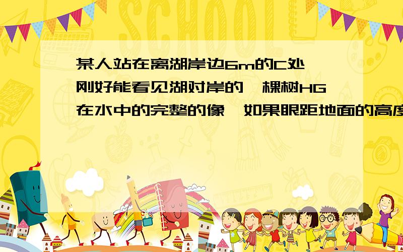 某人站在离湖岸边6m的C处,刚好能看见湖对岸的一棵树HG在水中的完整的像,如果眼距地面的高度为1.5m,湖两岸均高出湖水面1m,湖宽40m,则该树HG的高度为___________m.