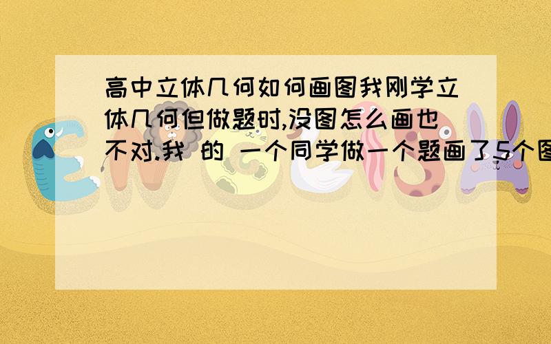 高中立体几何如何画图我刚学立体几何但做题时,没图怎么画也不对.我 的 一个同学做一个题画了5个图.哥哥姐姐们有窍门没啊 .帮帮忙!谢谢了