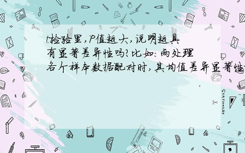 t检验里,P值越大,说明越具有显著差异性吗?比如：两处理各个样本数据配对时,其均值差异显著性检验结果 t=0.3088 p=0.7591 P值越大,说明越具有显著差异性吗?