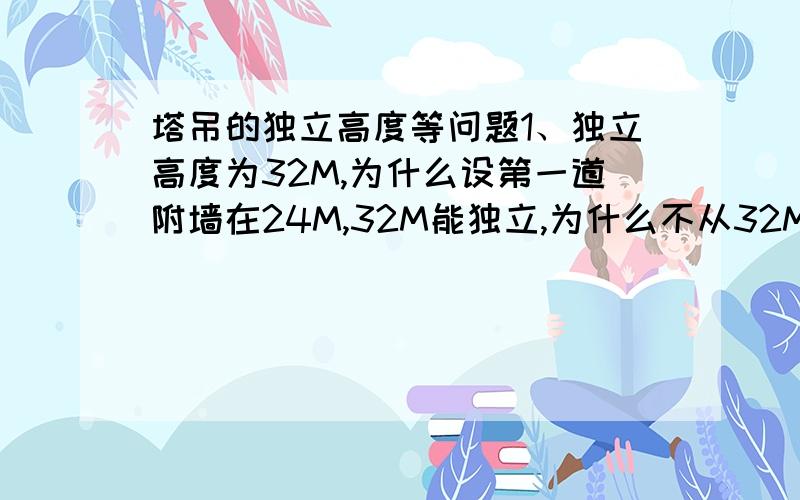 塔吊的独立高度等问题1、独立高度为32M,为什么设第一道附墙在24M,32M能独立,为什么不从32M起?2、塔吊基础地基承载力除了按如0.15~0.18MP等理论数字外,其他方面是否有需注意的地方及经验?3、