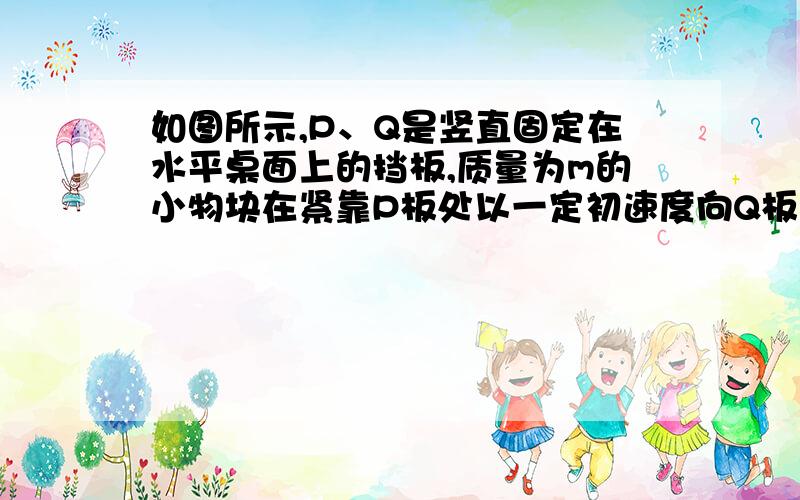 如图所示,P、Q是竖直固定在水平桌面上的挡板,质量为m的小物块在紧靠P板处以一定初速度向Q板运动．已知小物块与桌面的动摩擦因数为μ,P、Q相距s,物块经过与Q板碰撞n次后（碰撞过程无能量