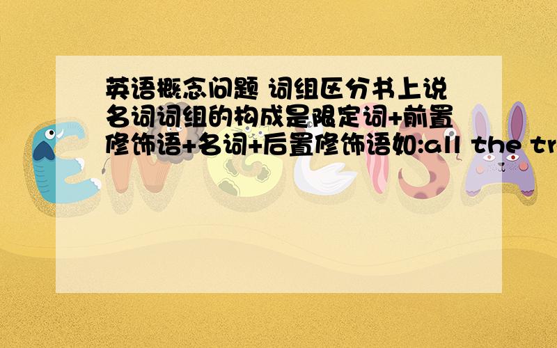 英语概念问题 词组区分书上说名词词组的构成是限定词+前置修饰语+名词+后置修饰语如:all the treasures in the earth所有地底下的宝藏.the lesson that we should remember forver我们应当永远记住的教训我