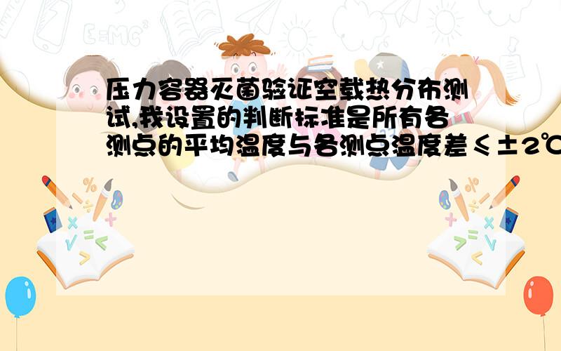 压力容器灭菌验证空载热分布测试,我设置的判断标准是所有各测点的平均温度与各测点温度差≤±2℃,温度最低点为判断为冷点,不知道我这个判断标准可以吧!头一次做,