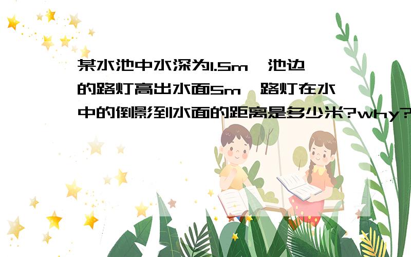 某水池中水深为1.5m,池边的路灯高出水面5m,路灯在水中的倒影到水面的距离是多少米?why?