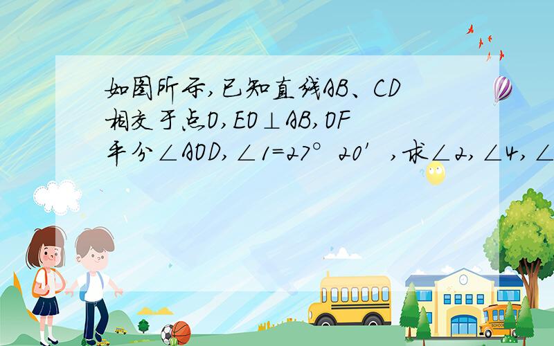 如图所示,已知直线AB、CD相交于点O,EO⊥AB,OF平分∠AOD,∠1＝27°20′,求∠2,∠4,∠5的度数