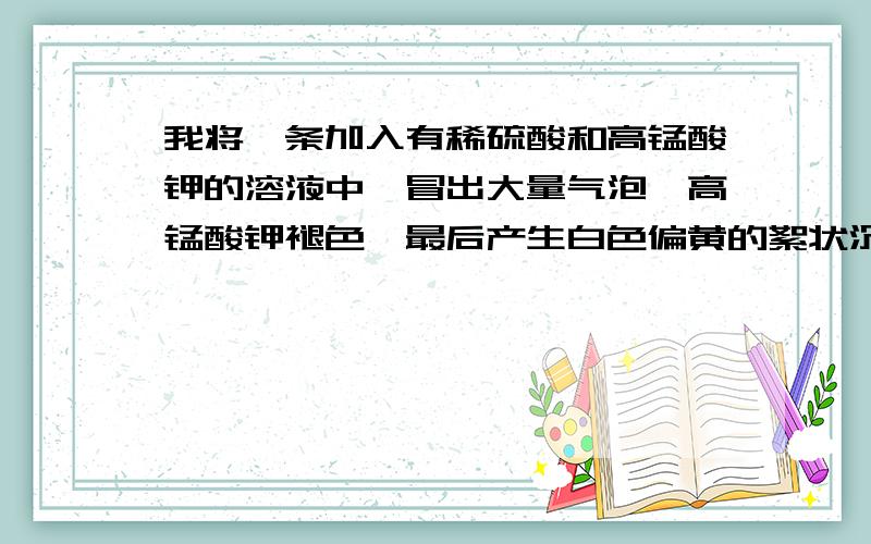 我将镁条加入有稀硫酸和高锰酸钾的溶液中,冒出大量气泡,高锰酸钾褪色,最后产生白色偏黄的絮状沉淀请问这个絮状沉淀是什么啊?最好有化学方程式.