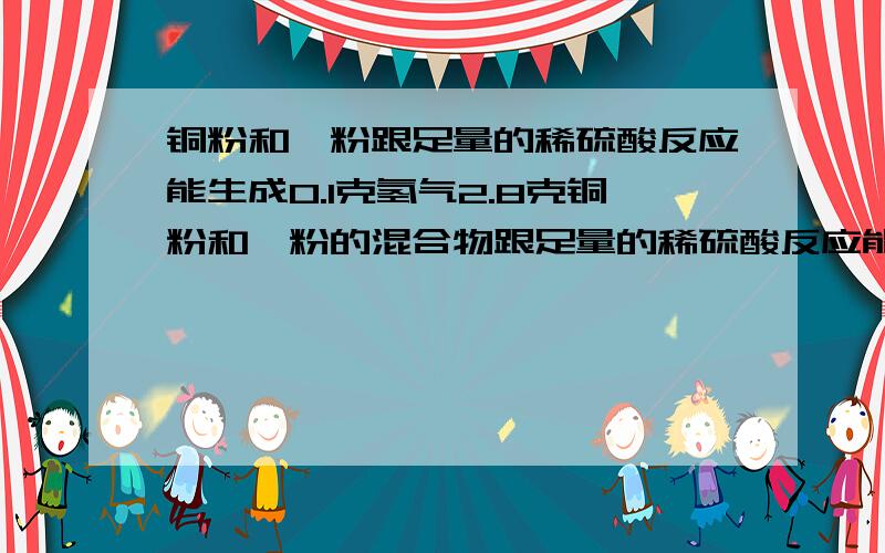 铜粉和镁粉跟足量的稀硫酸反应能生成0.1克氢气2.8克铜粉和镁粉的混合物跟足量的稀硫酸反应能生成0.1克氢气吗?如果能铜粉和镁粉各需多少克?