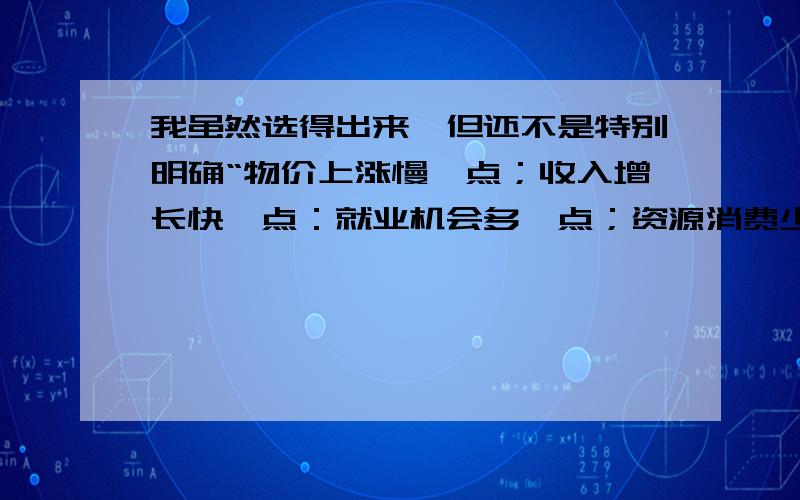 我虽然选得出来,但还不是特别明确“物价上涨慢一点；收入增长快一点：就业机会多一点；资源消费少一点；孩子学费降一点；医疗费用低一点…”这一民谣从根本上反映了    (