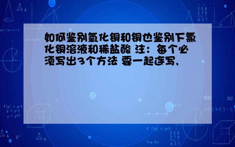 如何鉴别氧化铜和铜也鉴别下氯化铜溶液和稀盐酸 注：每个必须写出3个方法 要一起连写,