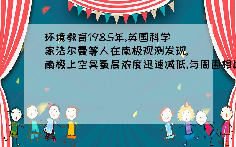 环境教育1985年,英国科学家法尔曼等人在南极观测发现,南极上空臭氧层浓度迅速减低,与周围相比犹如一个“洞”直径达上千千米.人们形象地称此为南极“————”————是破坏臭氧层