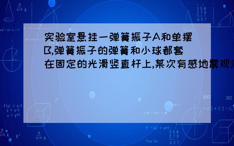 实验室悬挂一弹簧振子A和单摆B,弹簧振子的弹簧和小球都套在固定的光滑竖直杆上,某次有感地震观测到A开始振动4S后,B才开始摆动.地震纵波和横波波长分别为10KM和5KM 频率1HZ 实验室恰好在震