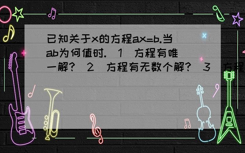 已知关于x的方程ax=b.当ab为何值时.（1）方程有唯一解?（2）方程有无数个解?（3）方程无解?RT....老师该题你懂得QAQ!救命QAQ!好的回答再加30财富TUT!