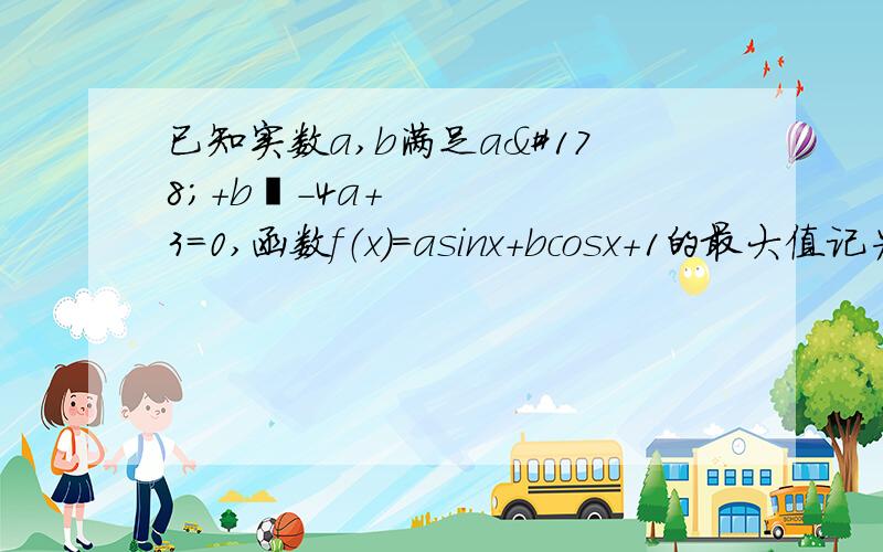 已知实数a,b满足a²+b²-4a+3=0,函数f（x）=asinx+bcosx+1的最大值记为T（a,b）,则T（a,b）的最小值为?