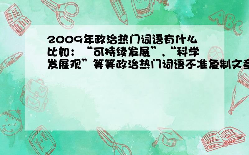 2009年政治热门词语有什么比如：“可持续发展”,“科学发展观”等等政治热门词语不准复制文章过来,我要词100个热门词语以上追加100（我满意的词才行）经济的热门词语我都要