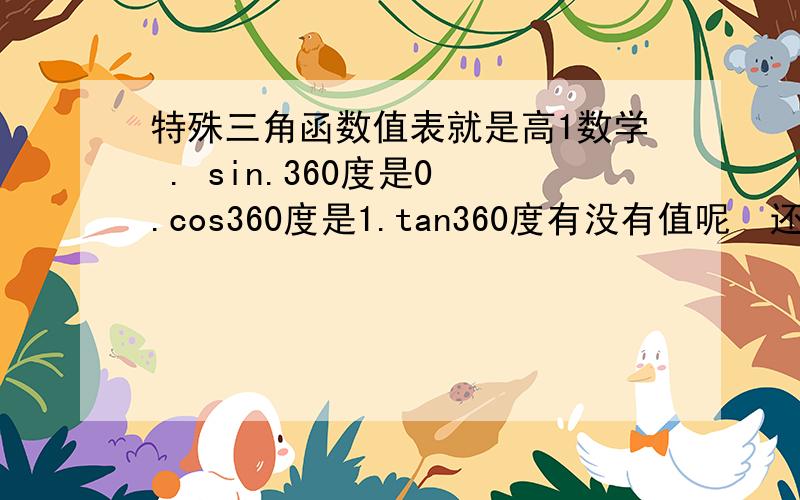 特殊三角函数值表就是高1数学 . sin.360度是0 .cos360度是1.tan360度有没有值呢  还有30度60度90度180度270度的  . 那个表格 .