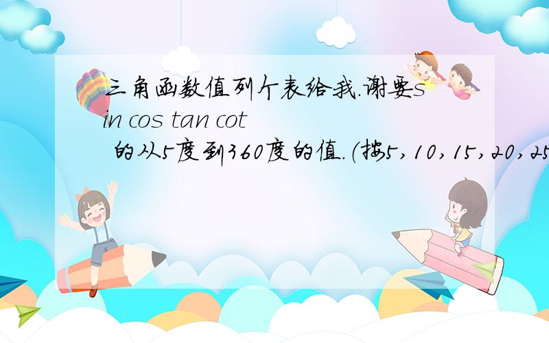 三角函数值列个表给我.谢要sin cos tan cot 的从5度到360度的值.（按5,10,15,20,25,30..这样的顺序以五为单位递增）谢.答出来的加50分的悬赏分.别管我干吗用.你给的都只是特殊角.除了个15度.我不要