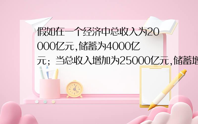 假如在一个经济中总收入为20000亿元,储蓄为4000亿元；当总收入增加为25000亿元,储蓄增加为5000亿元.计算该经济的乘数.如果这个经济增加了总支出2000亿元,实际国内生产总值会增加多少.如果在