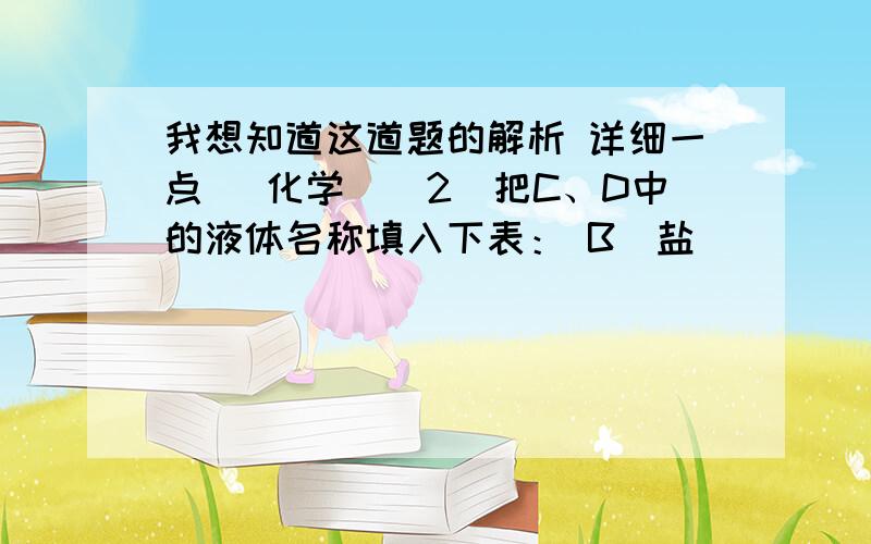 我想知道这道题的解析 详细一点 （化学）（2）把C、D中的液体名称填入下表： B（盐）           C（碱）        D（酸）  碳酸氢钠溶液     澄清石灰水      浓硫酸 （3）B中反应的化学方程式是