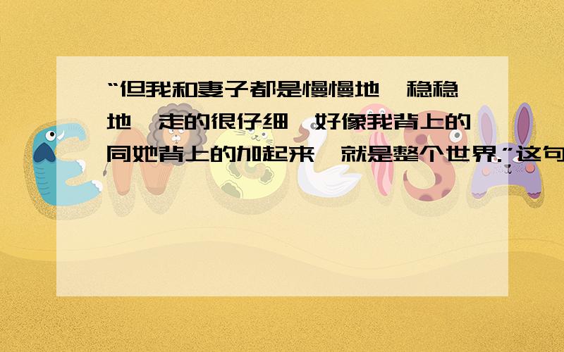 “但我和妻子都是慢慢地,稳稳地,走的很仔细,好像我背上的同她背上的加起来,就是整个世界.”这句话有没有用到比喻手法“好像”的作用是什么?说说你对“整个世界”的理解.