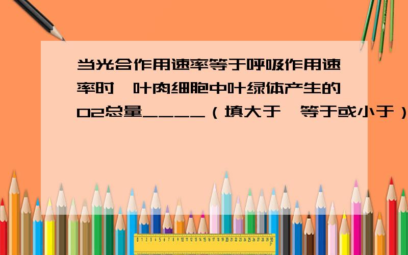 当光合作用速率等于呼吸作用速率时,叶肉细胞中叶绿体产生的O2总量____（填大于、等于或小于）线粒体中消耗的O2总量,叶绿体内产生的ATP总量____（填大于、等于或小于）线粒体中产生的ATP