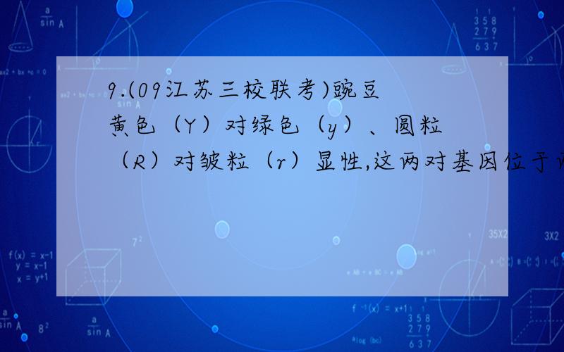 9.(09江苏三校联考)豌豆黄色（Y）对绿色（y）、圆粒（R）对皱粒（r）显性,这两对基因位于两对同源染色体上