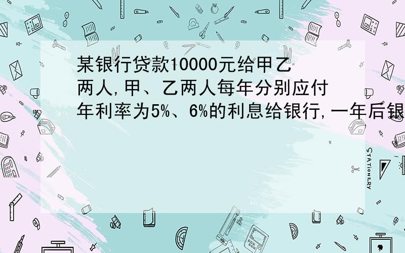 某银行贷款10000元给甲乙两人,甲、乙两人每年分别应付年利率为5%、6%的利息给银行,一年后银行收两人的一年后银行收两人的利息共计580元,甲贷了（ ）元,乙贷了（ ）元.不要方程组.