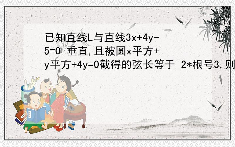 已知直线L与直线3x+4y-5=0 垂直,且被圆x平方+y平方+4y=0截得的弦长等于 2*根号3,则直线L的方程